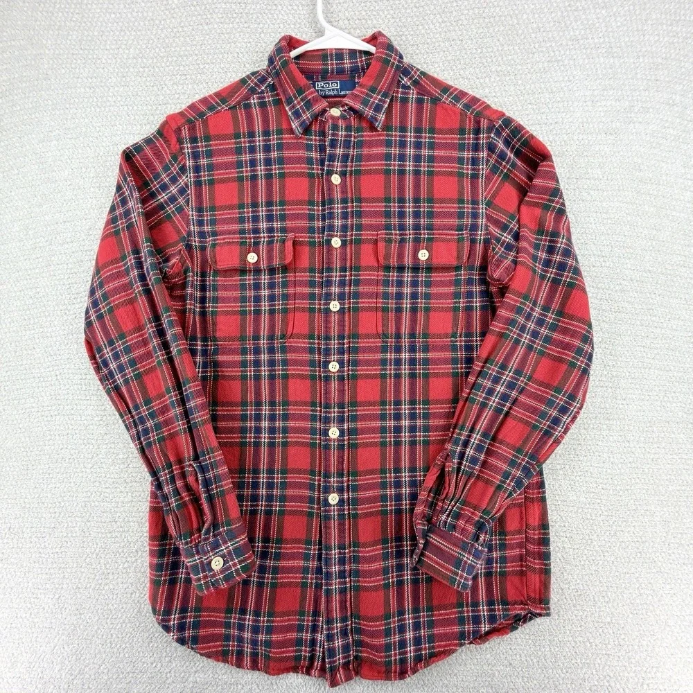 Vtg Polo Ralph Lauren Tartan Plaid Flannel Shirt Mens Medium Red Heavyweight Y2K